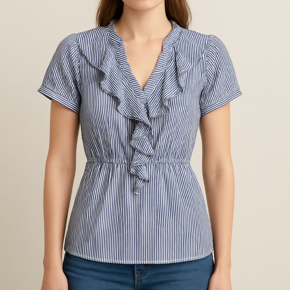 H&M Blue & White Striped Ruffle Top